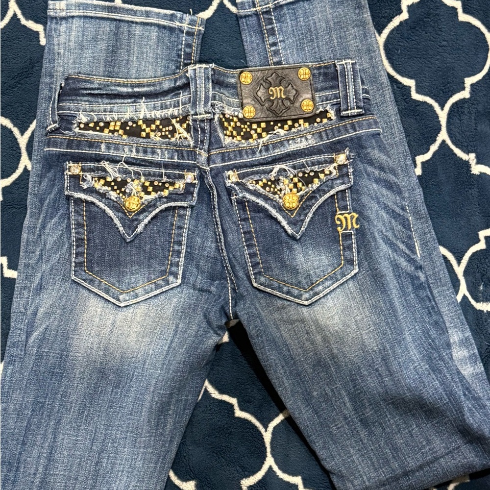 Miss Me Straight Jeans 27 Mid Rise Rhinestone Studded Pockets Medium Wash